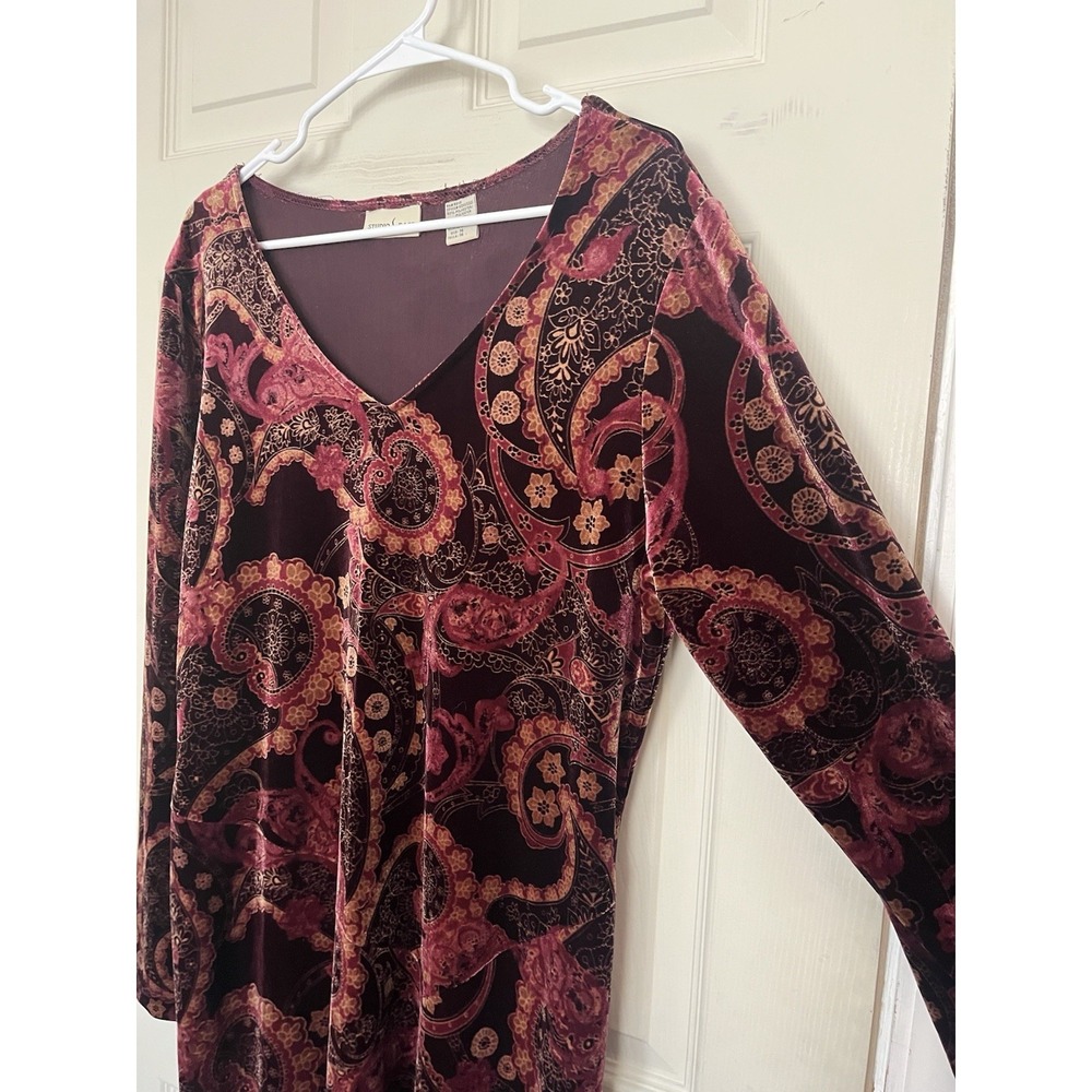 Vtg Studio Ease Velvet Paisley Boho Maxi Dress Stretch Red Women's 16 Whimsigoth - Picture 3 of 8